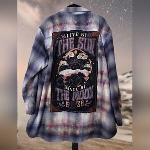 Upcycled CELESTIAL sun Moon Distressed Plaid Flannel Shirt